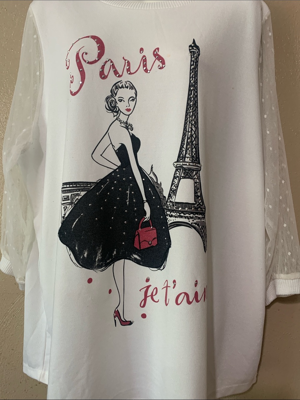 Paris Graphic Pullover with Sheer Polka Dot Sleeves